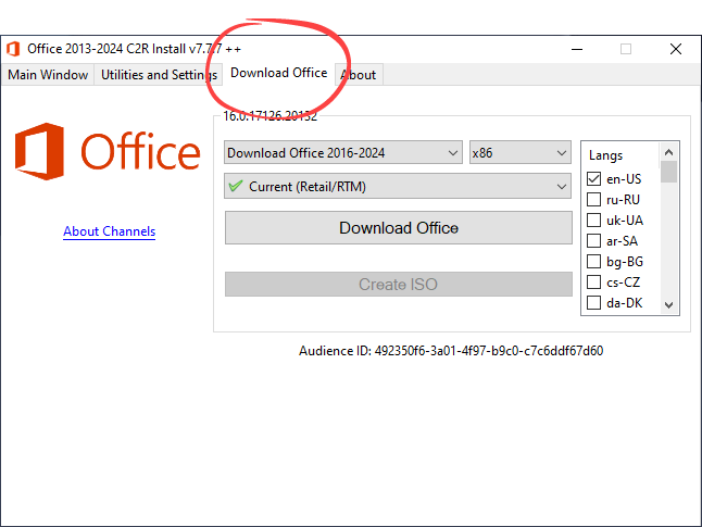 Инструмент для загрузки Office в Office C2R Install