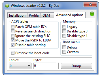 Опции в Windows 7 Loader Daz