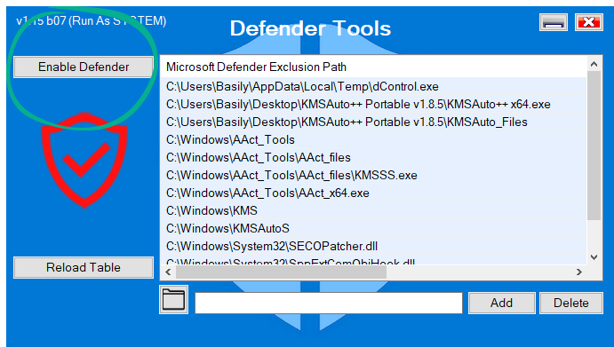 Включение Защитника Windows в Defender Tools