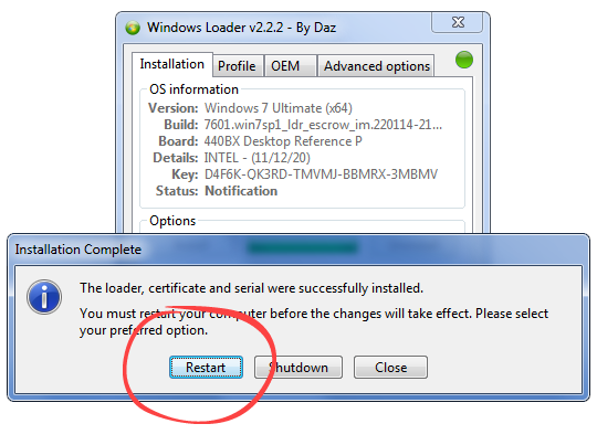 Завершение активации в Windows 7 Loader Daz